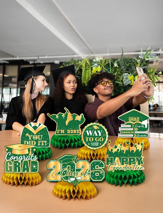 Graduation Table Decorations Class of 2026, 9Pcs Graduation Centerpieces for Tables Green Gold Honeycomb Centerpiece Congrats Grad Table Toppers Congratulate Decorations for Grad Party Supplies