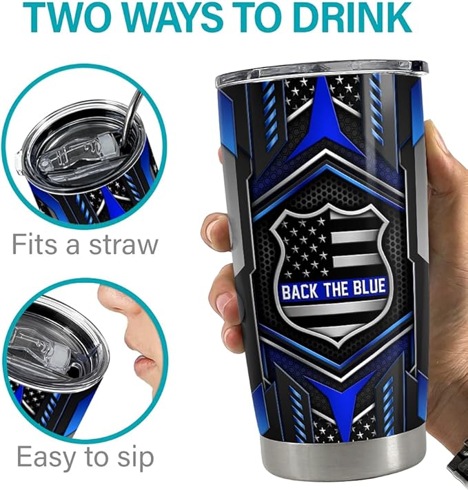 SANDJEST Back The Blue Tumbler 20oz Police Gifts for Men Stainless Steel Insulated Tumblers Coffee Travel Mug Cup
