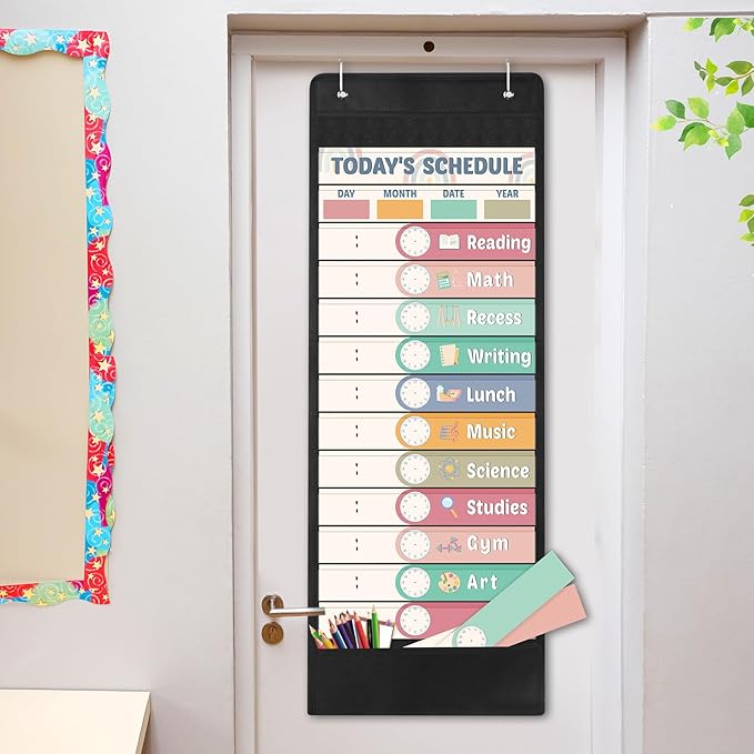 Pasimy Daily Schedule Pocket Chart with 31 Reusable Cards and 14 Pockets Classroom Decor Farmhouse Schedule Charts for School Office Home Educational Activity (Rainbow)