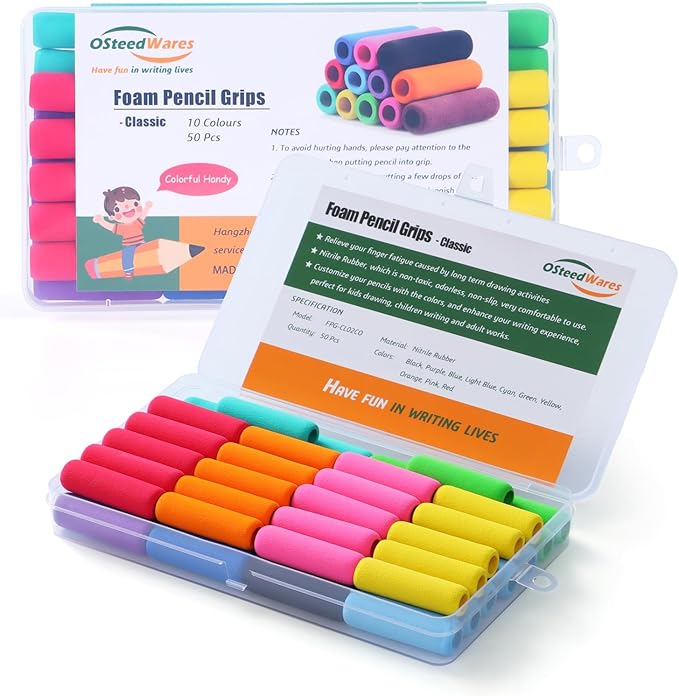 50 Pcs Pencil Grips for Kids Handwriting, Classic Pencil Grippers for Kids and Adults, Comfort Pencil Holder for Writing Aid, Foam Finger Grips, Mechanical Pencil Cushion 10 Colors