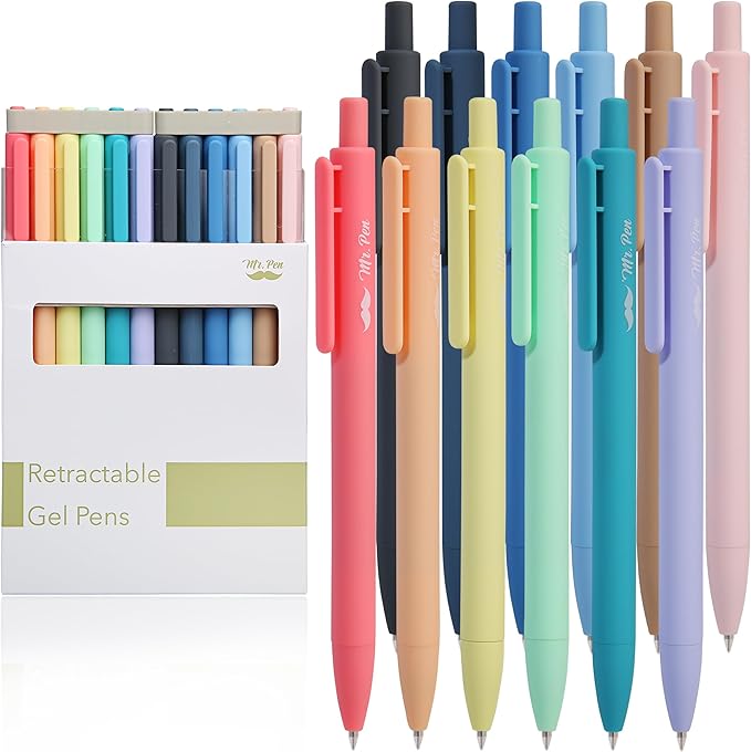 Mr. Pen- Retractable Gel Pens, 12 Pack, Black Ink, Pastel Barrels, Fine Point 0.7mm, Fast Dry, Smooth Writing, Cute Pens for Drawing, Writing Planner and School Supplies