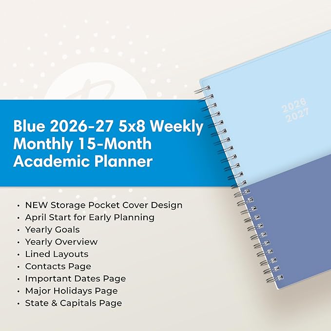 Blue Sky 2026-2027 Weekly and Monthly Academic Year 15 Month Planner Calendar, April 2026 - June 2027, 5" x 8", Flexible Cover With Pockets, Wirebound, Storage Pocket, Blues