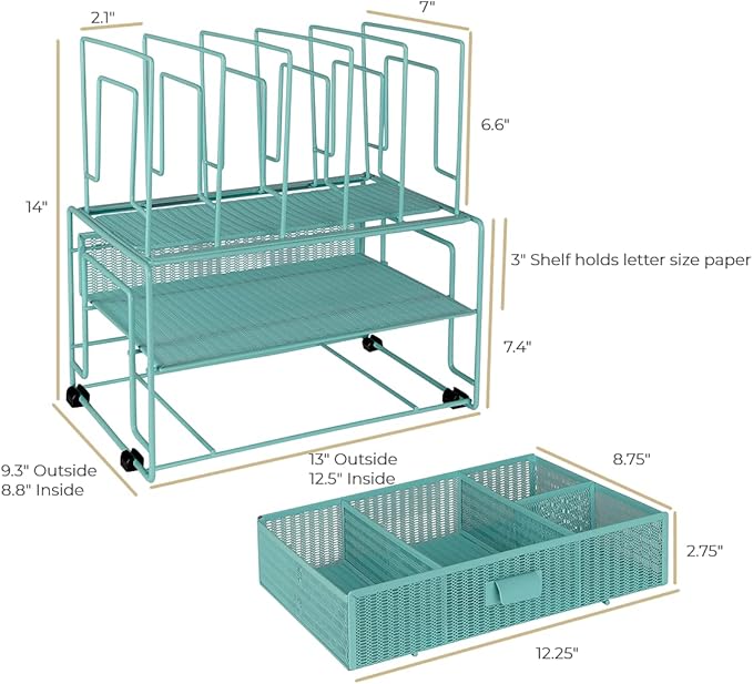 BLU MONACO Mint Green Desk Organizer With File Sorters and Drawer | Metal Mesh Desktop Storage for Office Supplies, Papers, Devices and Folders | 9.3βD x 12.5βW x 14βH All-In-One Workspace Holder