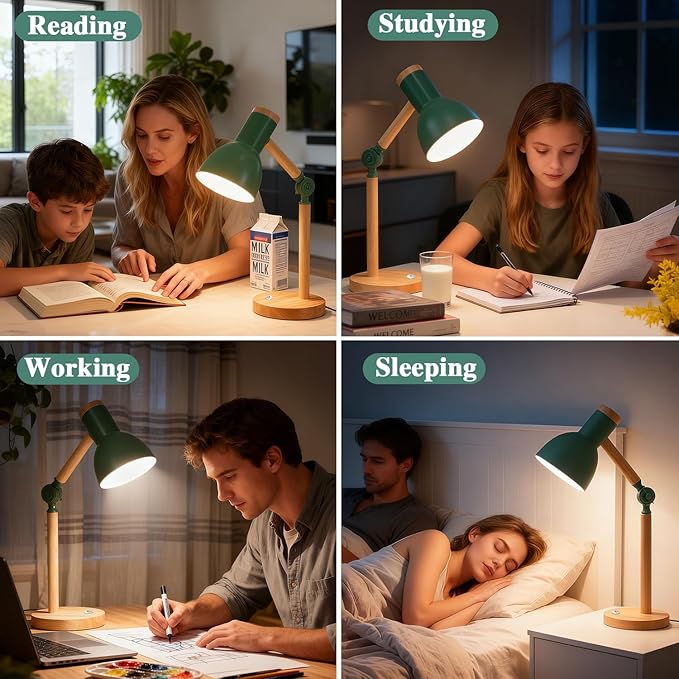 Desk Lamp, LED Desk Lamps for Home Office, Eye-Caring Desk Light, 3 Color Modes Reading Light, Wood Table Lamps with Flexible Arm, Study Lamp for Bedside College Dorm Room Essentials (Green Lamp)
