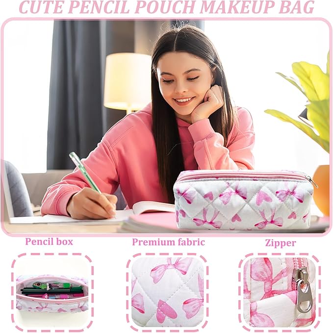 Pencil Pouch Cute Pencil Case Office Storage Bag Holder Box Organizer Aesthetic Bow Flower Pattern Makeup Pouch Cosmetic Bag for Women Girls