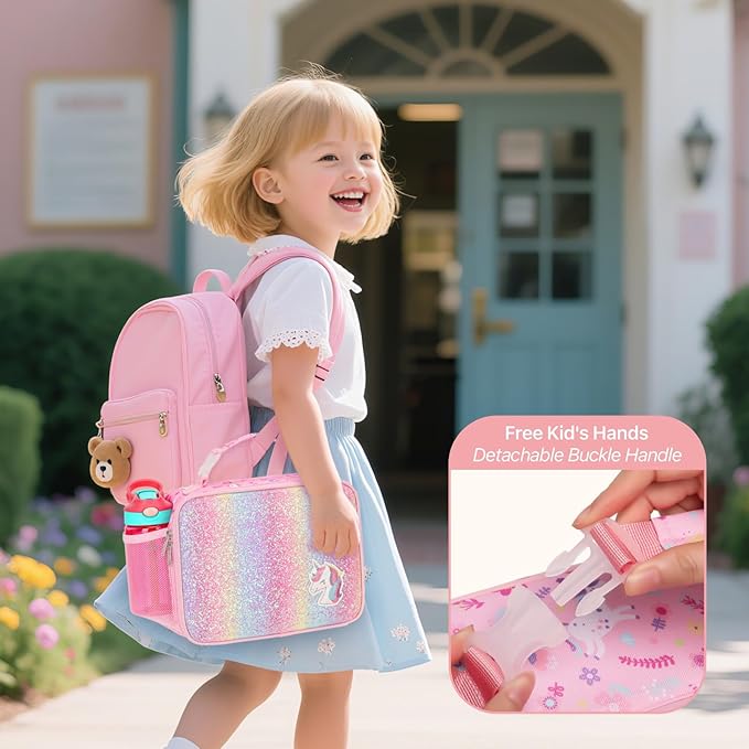 Bagseri Kids Lunch Bag with Ice Pack Included - Insulated Lunch Box for Girls Reusable Meal Tote for School & Travel, Glitter Pink Unicorn