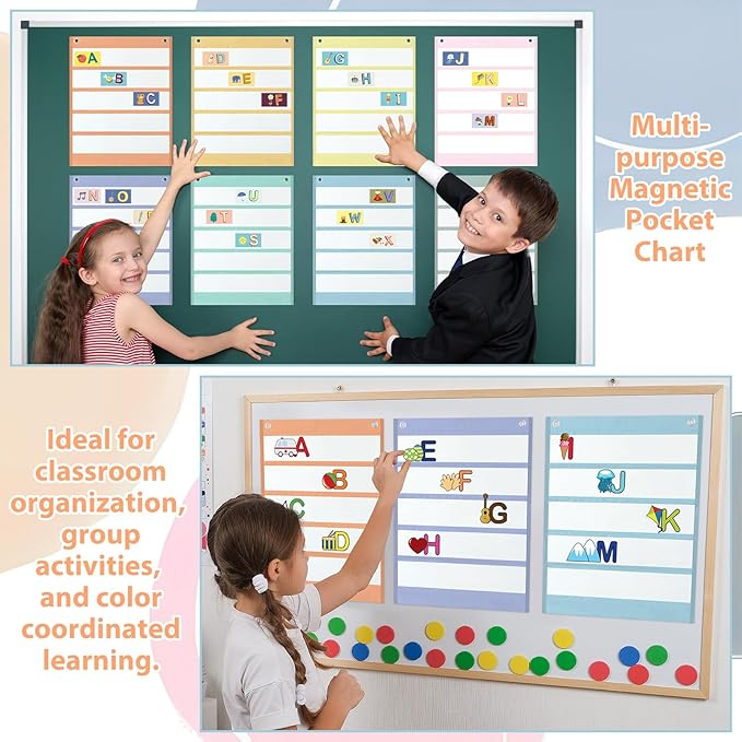 8PCS Pastel Classroom Magnetic Pocket Charts Squares Teacher Mini Pocket Chart Management Back to School Resource for Homeschool Learning Preschool Kid Home Office Schedule Activities Supply 16 x 14In