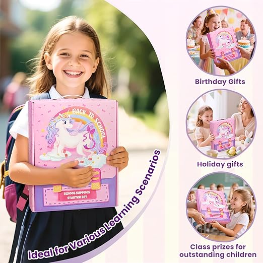 46-Piece Washable Back to School Supplies Gift Kit for Kids-Unicorn Essential First Day Gift Set for Kindergarten & Elementary, Art Supplies & Refillable Tools, Ideal Kids Stationery Set for Girls.