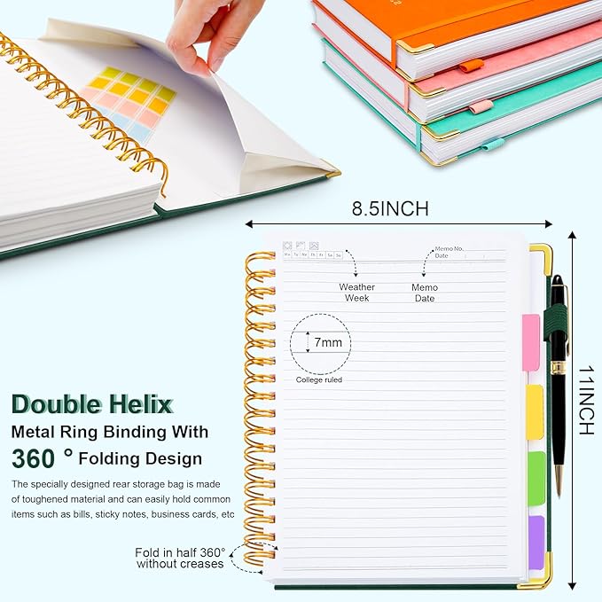 Hardcover Spiral Notebook 8.5"x11" Journal Notebook with Tabs and Removable Dividers 300 Pages 5 Subject Notebook College Ruled, Faux Leather Spiral Bound Notebook for Women School Work(Green)