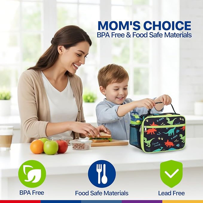 Bagseri Kids Lunch Bag Boys - Thermal Insulated Lunch Box Tote with Water Bottle Holder, Reusable Leak-Proof Kids Lunch Box for Daycare & School, Black Dinosaur (Containers Not Included)