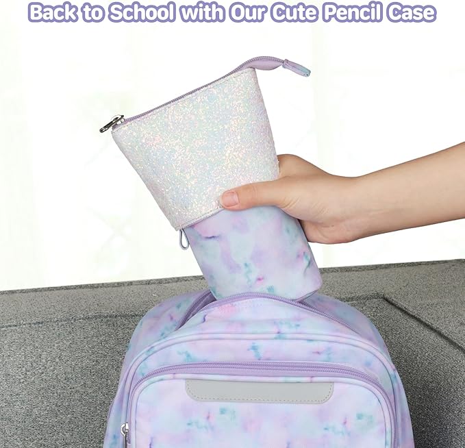 Standing Pencil Case Girls - Telescopic Pouch for Kids, Cute Kawaii Pencil Case for Girls, Big Capacity Stand Up Pencil Pouch for Kids, Tie-dye Purple