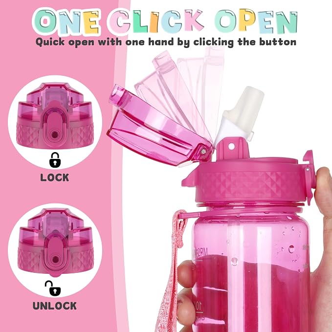 OLDLEY 17oz Kids Water Bottle, Tritan BPA-Free, Leakproof Flip Straw Lid, Motivational Time Marker, Carry Strap, Reusable Clear Water Bottle for Boys & Girls,Eggplant