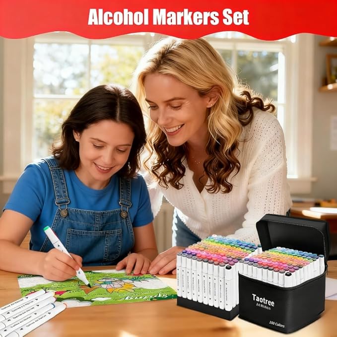 Taotree Alcohol Markers Set 120 Colors with Case & Holders, Dual Tips Art Coloring Markers Pens, Chisel & Fine Sketch Pens Art Supplies for Artist Adult Coloring Books Drawing, Painting, Sketching