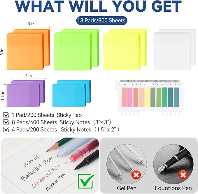 800 Sheets Transparent Sticky Notes with Index Tab, Waterproof & Crystal Clear Sticky Notes Sets, See-Through PET Sticky Note, 5X The Sticking Power Translucent Sticky Note Pad,13 Packs