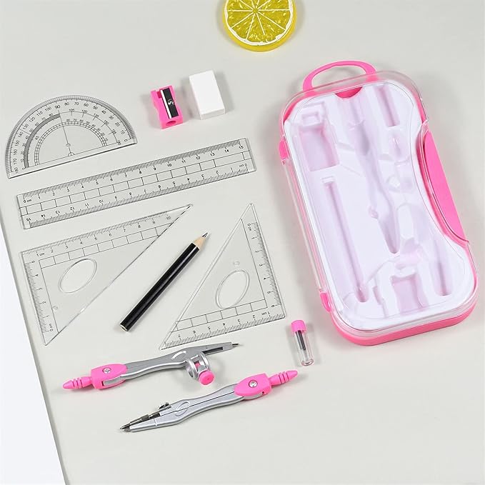 Math Geometry Kit Combination Plotter Set,10 Pieces Per Set Studentses Geometric Set High Precision Professional,for Student&Engineedrawing/Color Pink