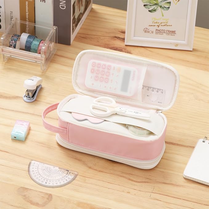 Dugio Large Pencil Case Zipper Pencil Pouch for Girls Adults Kids Aesthetic Pencils Bag Organizer Big Capacity Pen Bag with Handle Portable for School Office Pink