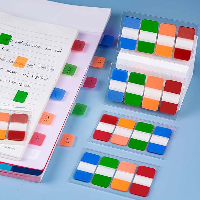 Golcellia 400 Pieces Sticky Index Tabs Transparent Sticky Notes, Colored Page Markers for Bookmarks, Writable and Repositionable Index Annotation Tabs(4 Colors)