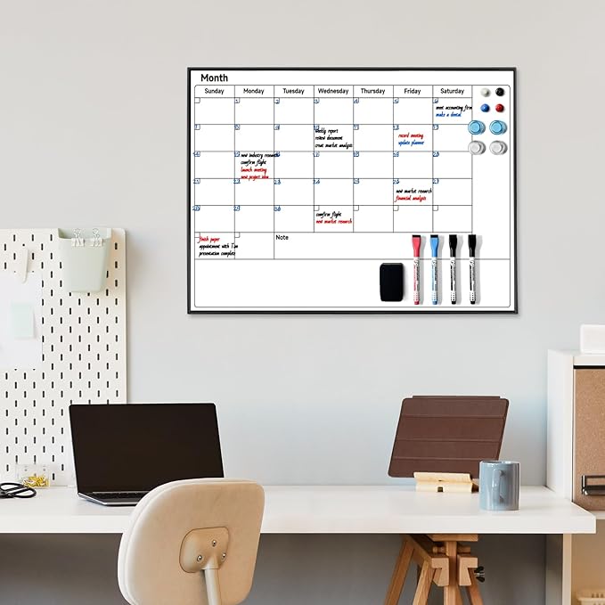 Whiteboard Calendar for Wall Hanging, 24" x 18" Magnetic Dry Erase Calendar Board with Black Aluminum Frame, Wall Mounted Large Monthly Planner Reminder for Office Home School