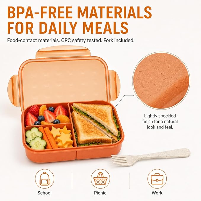 MISS BIG® Bento Lunch Box for Kids, 1150ml, 3 Compartments, Coral Orange | Coral orange 1150ml kids bento box for school lunch, daycare meals, snacks, picnic, and travel.