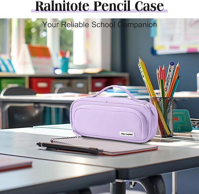 Ralnitote Large Pencil Case for Girls and Boys, Aesthetic Pencil Case Organizer with Handle, Cute Pencil Pouch for School & Office Supplies-Purple