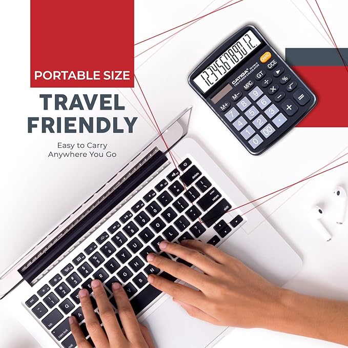 CATIGA 12 Digit Desk Calculator, Desktop Calculators with Large LCD Display & Big Buttons, Dual Power Solar & Battery, Standard Basic 4 Function Calculator for School, Office, Home