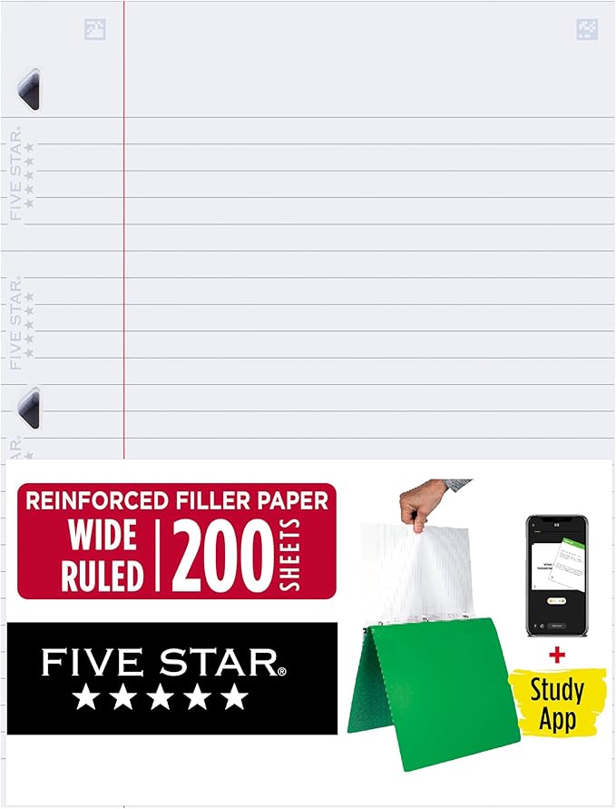 Five Star Loose Leaf Paper + Study App, Wide Ruled Filler Notebook Paper, Reinforced, Fights Ink Bleed, 8" x 10-1/2", 200 Sheets (150039)