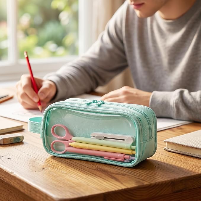 SUNEE Large Capacity Pencil Case with 3 Compartment, Extra Big Pencil Pouch, Pencil Bag with Clear Window, Pen Case School Supplies for Teens Adults Girls Boys, Mint Green
