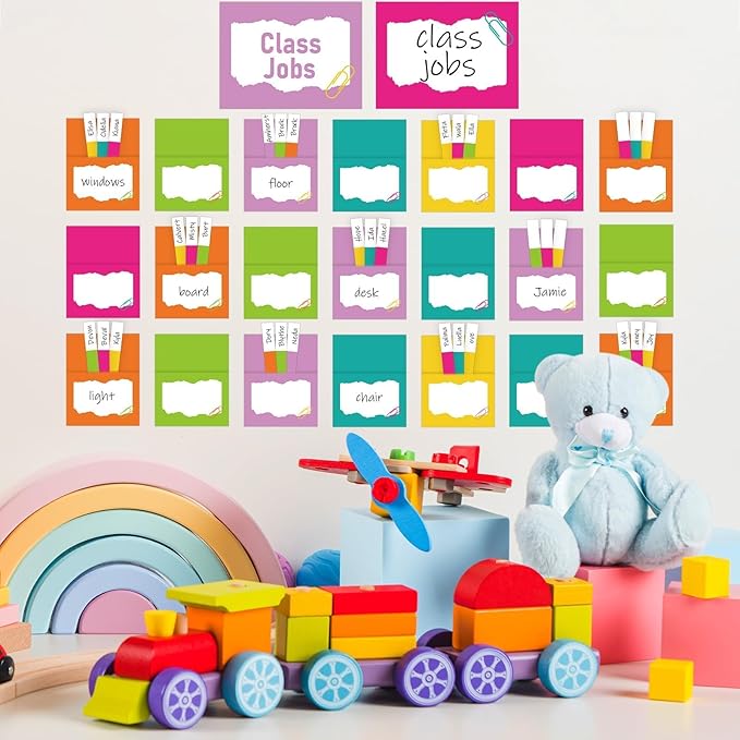 QOUBAI 112 Pcs Colorful Class Jobs Bulletin Board Set Rainbow Classroom Jobs Pocket Chart Bulk Boho Class Management Educational Chart Teacher's Helper Posters Classroom Decorations School Supplies
