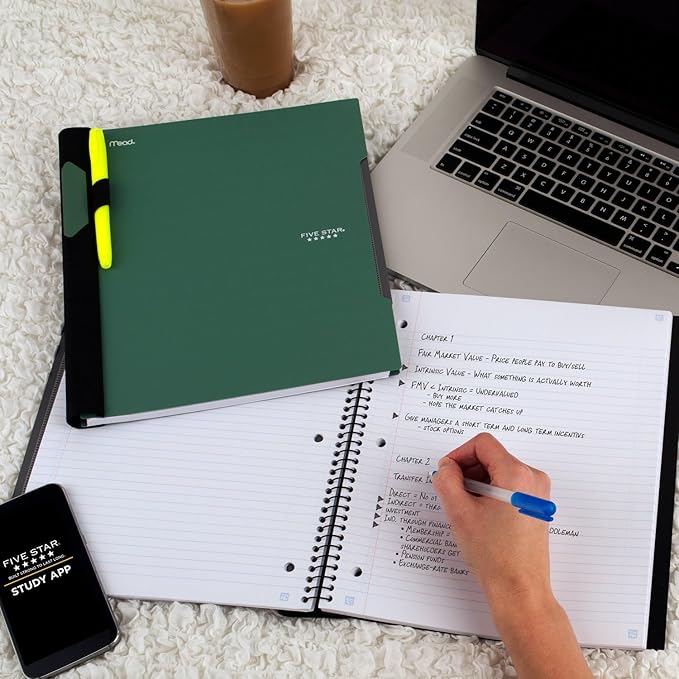 Five Star Advance Spiral Notebooks + Study App, 2 Pack, 1 Subject, College Ruled Paper, 11" x 8-1/2", 100 Sheets, With Spiral Guard and Movable Dividers, Black, Pacific Blue (820112)