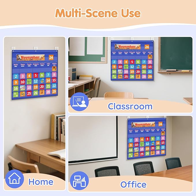 Classroom Calendar Pocket Chart with 88 Cards - Ideal for Homeschool, Classroom & Office, Durable Nylon Wall Hanging Calendar for Early Learning (Blue)