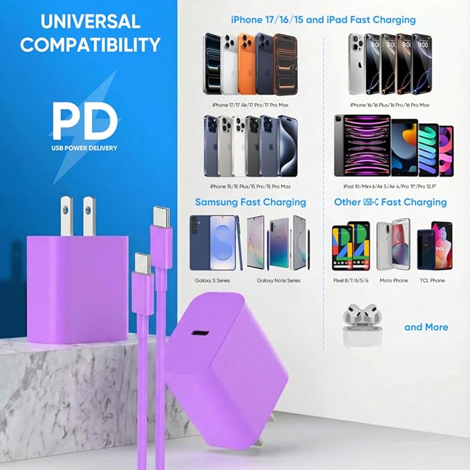 iPhone 17 16 15 Charger Fast Charging 6FT+10FT Cable, 20W USB C Charger, USBC Wall Charger for i Phone 17 Air 16 16e/16 Pro/16 Pro Max/15/15 Plus/15 Pro/15 Pro Max,i Phone iPad Pro/Mini (Purple)