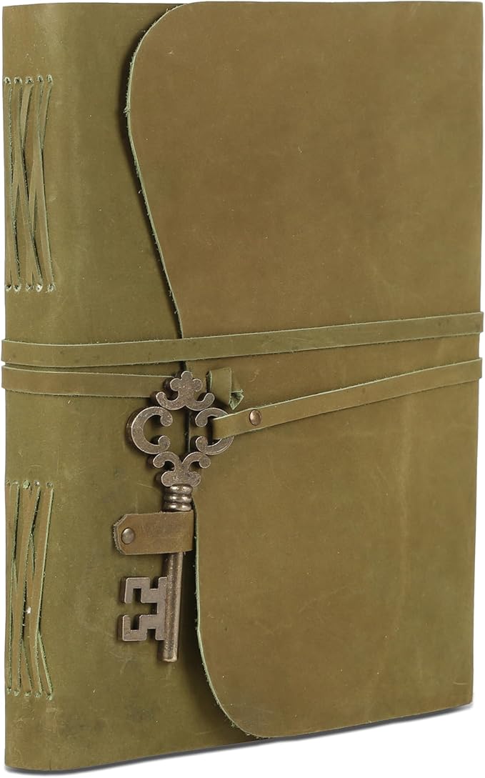 Leather Journal with Deckle Edge Paper 8x6 inch and Vintage Key | Handmade Writing Notebook Diary | Bound Daily Notepad for Men & Women Medium, Sketch/Writing pad for Artists