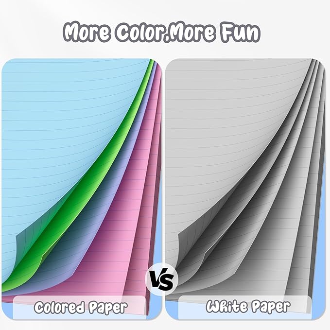 400 Sheets Pastel Colored Filler Paper Set, College Ruled, 8" x 10.5" Three-Hole Punched, Compatible with 3-Ring Binders, Includes Pink, Purple, Blue, Green