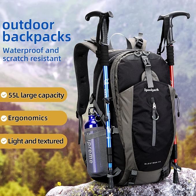 SPEEDPARK 40L Hiking Backpack, Lightweight Camping Daypack with Rain Cover | Water-Resistant Rip-Stop Nylon, Multi-Pockets, Survival Whistle. Ideal For Men, Women, Travel, Trekking