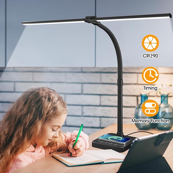 ShineTech LED Desk Lamp for Home Office, 24W Double Head Desk Light with Wireless Charging, USB Port, 25 Lighting Modes Adjustable Lamps