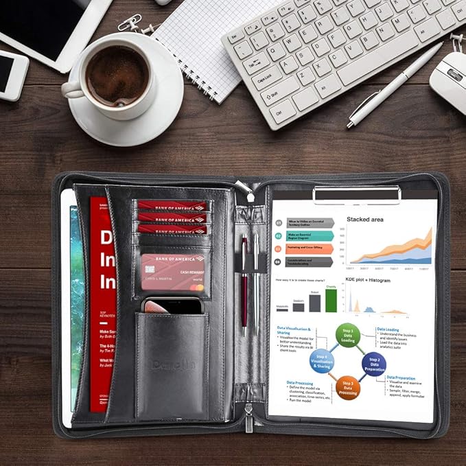 Darolin Vegan Leather Padfolio Portfolio with Handle & Clipboard, Zippered Business Portfolio Organizer for Meetings, Interviews & Travel, Fits A4 & Letter Size, Padfolio for Men Women (Black)