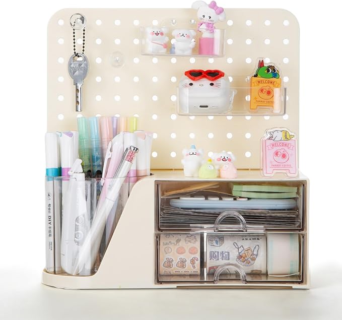 Comix Desk Organizer with Drawer, 360° Rotating Pen Holder for Desk, Pen Organizer with 5 Slots Pencil Holder+Pegboard+2 Drawer for Office Home Art Supplies (Beige)