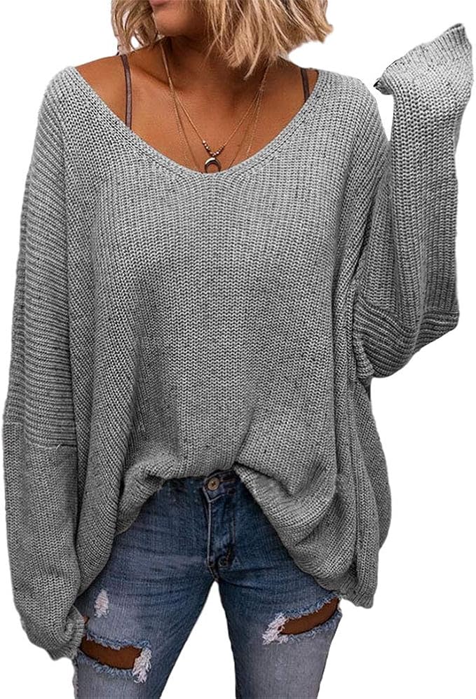 BZB Women's V Neck Long Sleeve Knit Loose Oversized Pullover Sweater Top