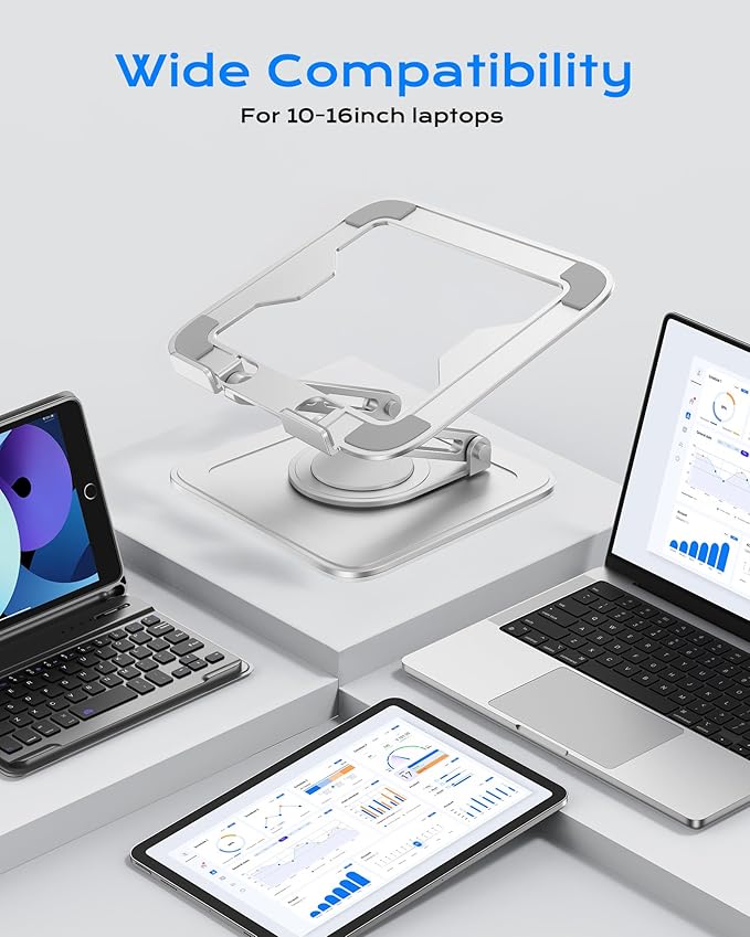 LOXP Adjustable Laptop Stand, Computer Stand with 360 Rotating Base, Ergonomic Laptop Riser Mount for Desk Foldable Protable Computer Desk Fits with MacBook Pro Air (10-16") - White