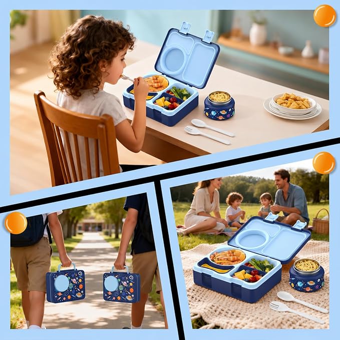 Kids Insulated Lunch Box with 8OZ Thermo Food Jar | Leakproof Bento Box with Ice Pack Sauce Cup Utensils Removable Tray & Dividers for School Daycare Travel, Space