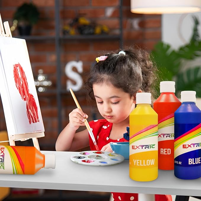 EXTRIC Washable Paint for Kids, (6 Colors of 8 oz) Kids Tempera Paint 6 Paint Cups & 6 Brushes Non-Toxic Mess-Free Finger Painting for toddlers & Kids, Art Supplies