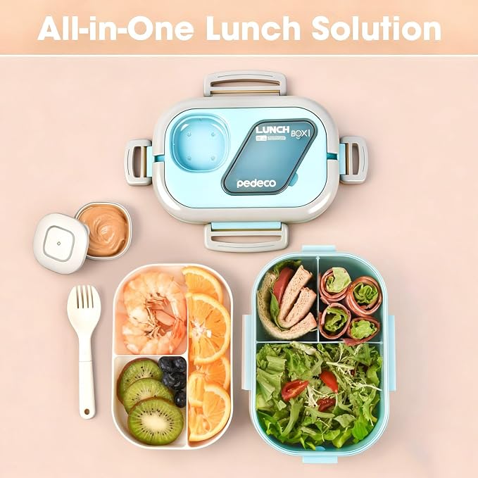 PEDECO Blue Bento Box with Bag, 2-Tier Stackable with Utensils & Sauce Box | 3 compartments prevent food mixing,Portable sauce pod included,Microwave safe,BPA-free, for adults, kid, work, travel,pinic