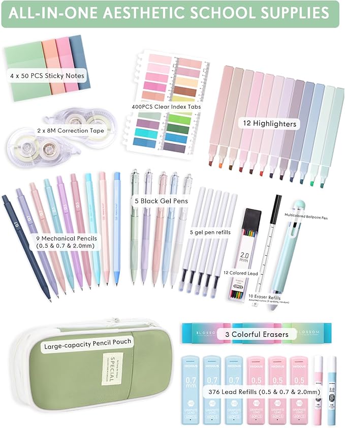 XKDOUS 54PCS All-in-One Cute School Supplies with Large Pen Case, 12 Pastel Highlighters, 5 Gel Pens, 9 Mechanical Pencils 0.5mm, 0.7mm & 2.0mm Stationary Set for Writing, Drawing & Drafting