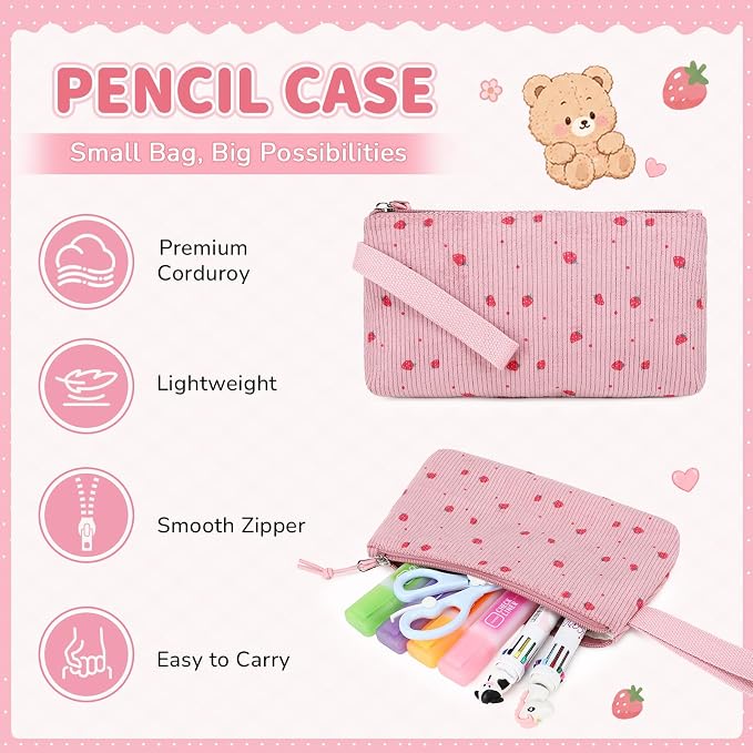 PIG PIG GIRL Corduroy Backpack 3PCS Kids Backpack for Girls School Bags for Middle School Students Book Bag for Elementary Primary Kawaii Ita Backpack with Lunch Box Pencil Case Set, Pink Strawberry
