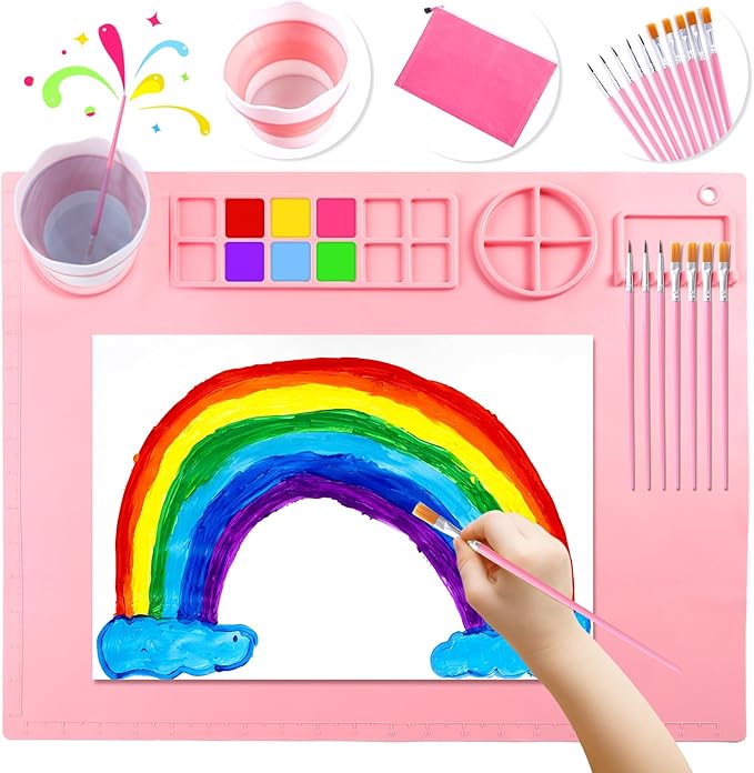 DIYDEC Silicone Craft Mat with Detachable Cup 20X16 Inch Large Silicone Painting Mat for Kids Art Supplies with 10 Painting Brushes Drawing Sheets for Adult DIY Accessories (Pink)