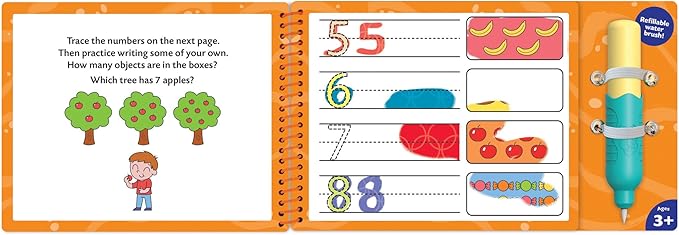 Peaceable Kingdom Water Art Numbers Activity Book, Reusable Water Brush Coloring Pad with Number Tracing Counting Practice, Mess Free Creative Learning, Kids Age 3+, Early Math Skill Builder