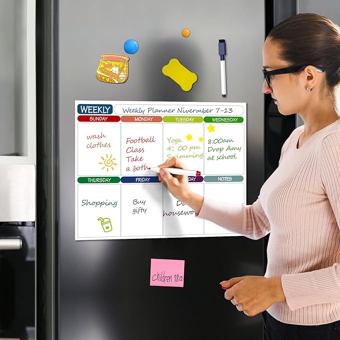 2Pcs Magnetic Calendar Whiteboard for Fridge, 11" x 14" Weekly Digital Calendar Daily Schedule Planner Organizer for Home School Office Refrigerator with 6 Markers and 1 Eraser