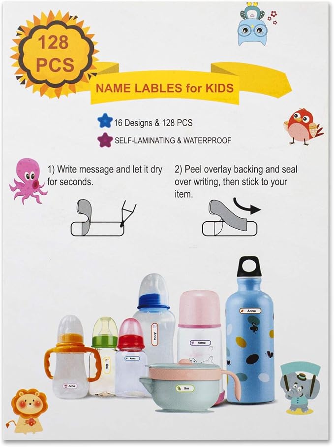 128 pcs Waterproof Daycare Labels, Name Labels for Kids Stuff School Supplies, Baby Bottle Label for Daycare Essentials, Self-Laminating, Dishwasher Safe Name Tags Stickers for Water Bottle, Sippy Cup