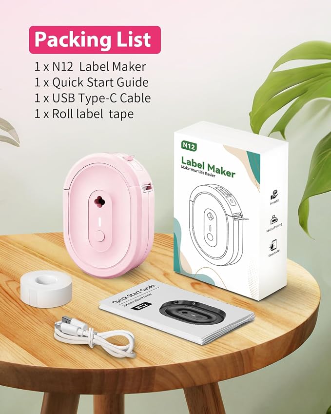 N12 Label Maker Machine with Waterproof Tape Mini Label Printer, Pink | Bluetooth Mini Label Printer with Multiple Templates & Easy Use App, perfect for Kids, Teachers, Home & Office Organization