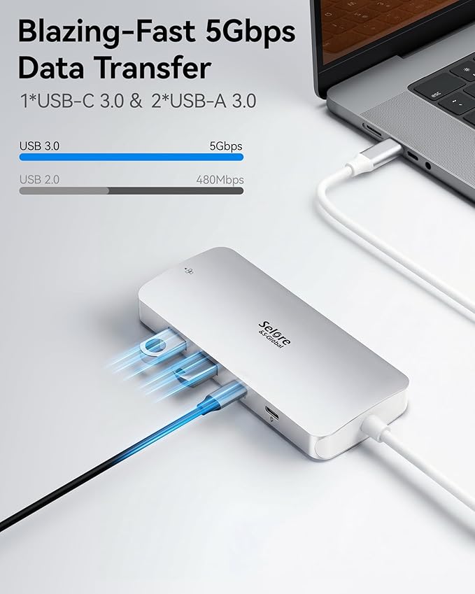 USB C Docking Station Dual Monitor, Selore Docking Station 3 Monitors Triple 4K Display with 2 HDMI, DisplayPort, 1 Gbps Ethernet, 100W PD Charging, USB 3.0 Ports Adapter for Dell, HP, etc(Silver)
